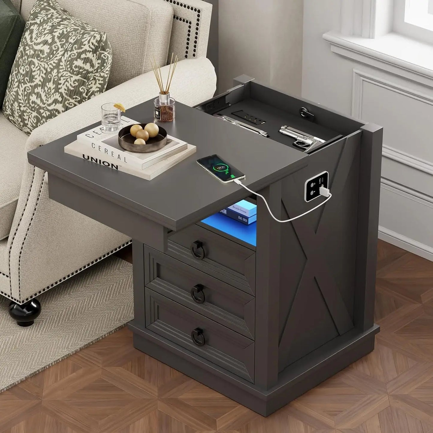 Minimalist Wooden Nightstand Set With Integrated Led Lights And Charger