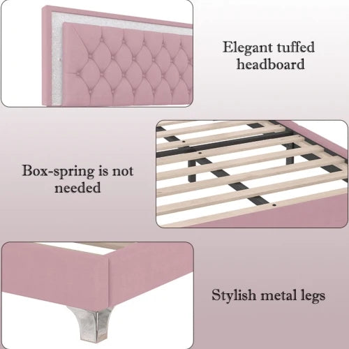 Upholstered Platform Bed With LED Lights And Nightstands
