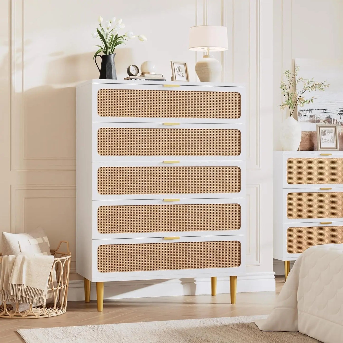 Natural Rattan Woven Five Drawer Wooden Bedroom Dresser