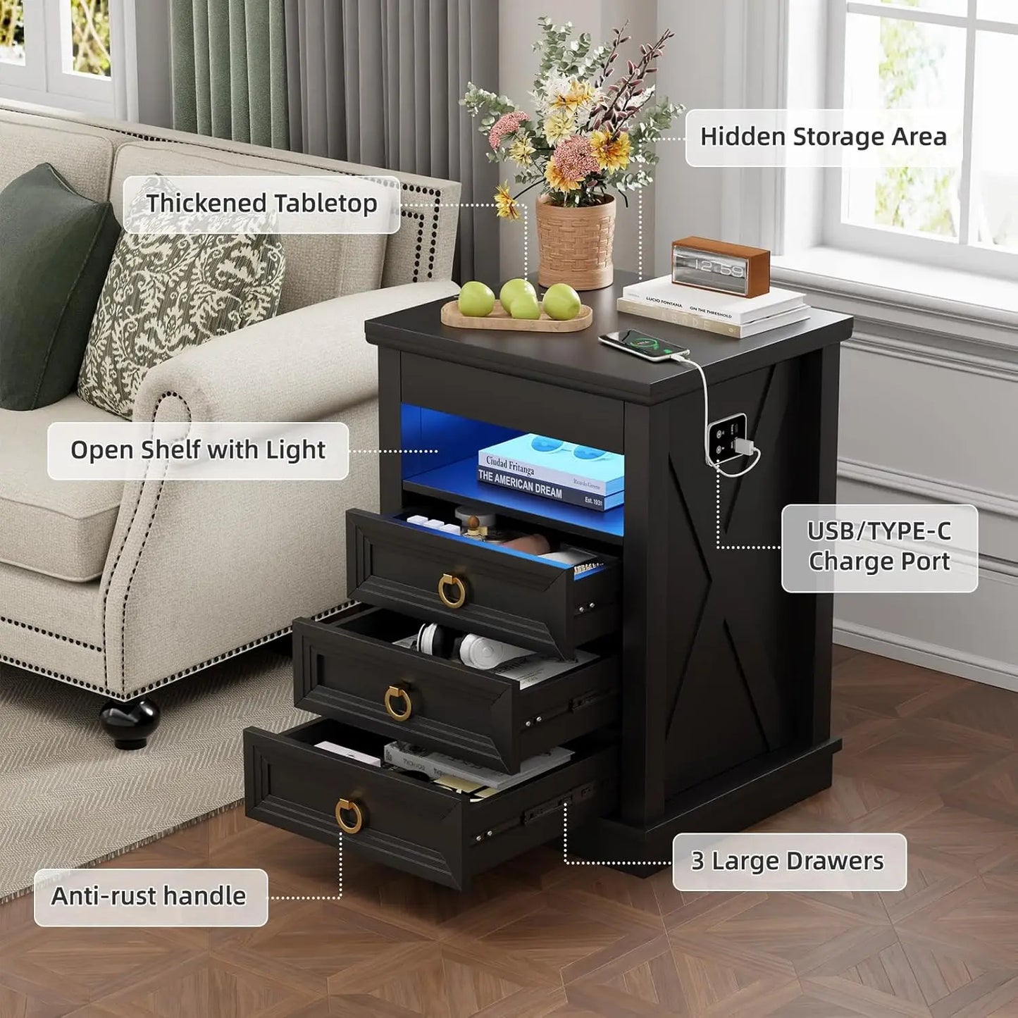 Minimalist Wooden Nightstand Set With Integrated Led Lights And Charger