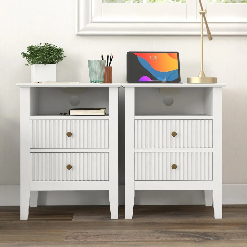 Contemporary Fluted Nightstand Set With Charging Station And Storage Shelf