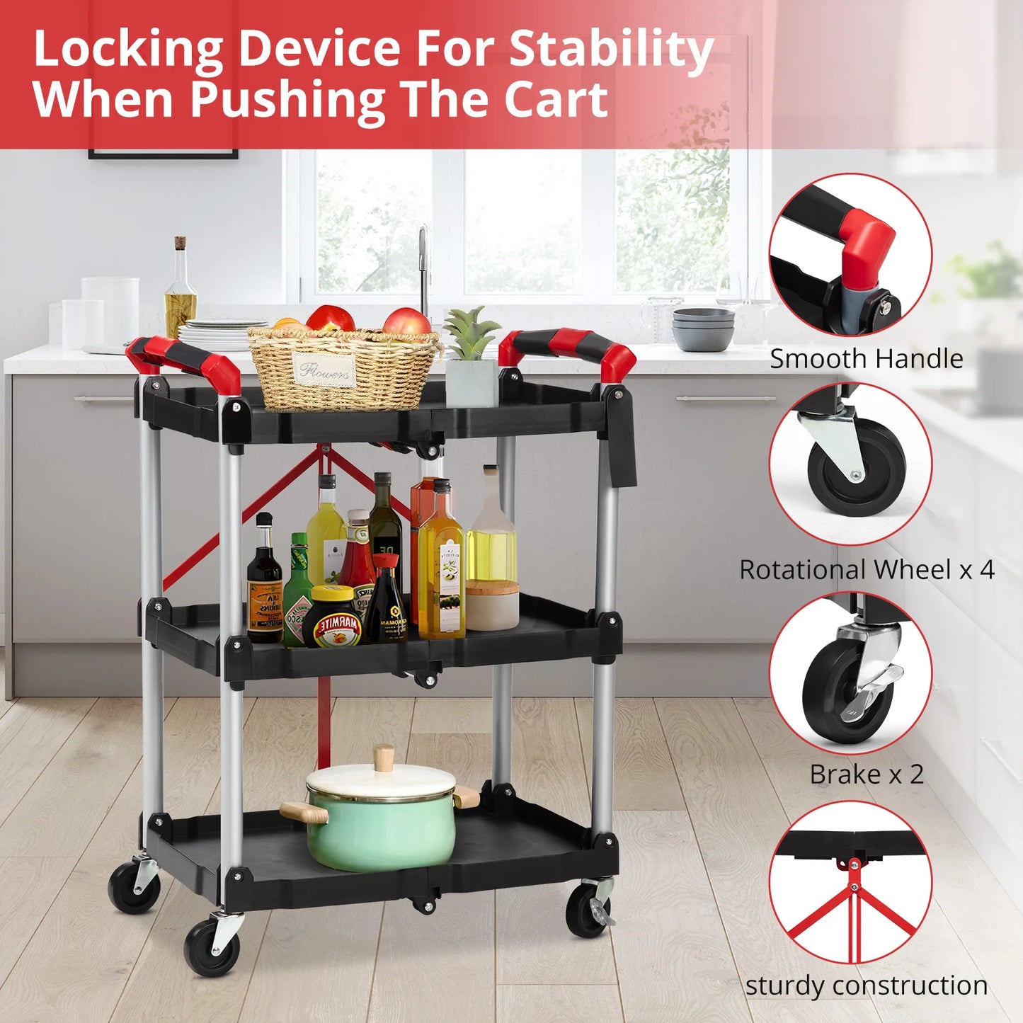 TWISTER.CK Three Tier Foldable Utility Rolling Cart With Locks
