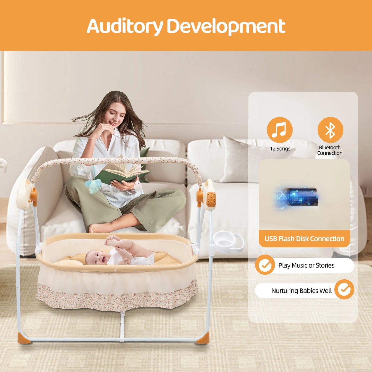 Electric Baby Crib Cradle With Remote Swing And Music
