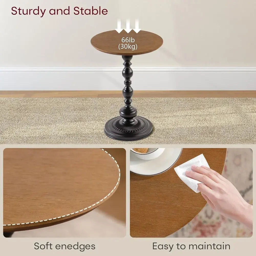 Round End Table With Wood Top And Black Pedestal Base