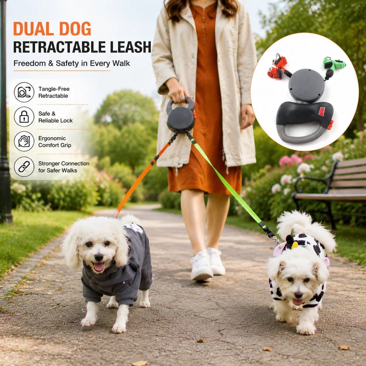 Dual Head Self Retracting Pet Leash for Two Dogs Outdoor