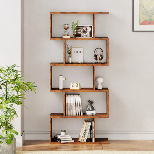 JHK Geometric S Shaped Five Tier Wooden Display Bookshelf