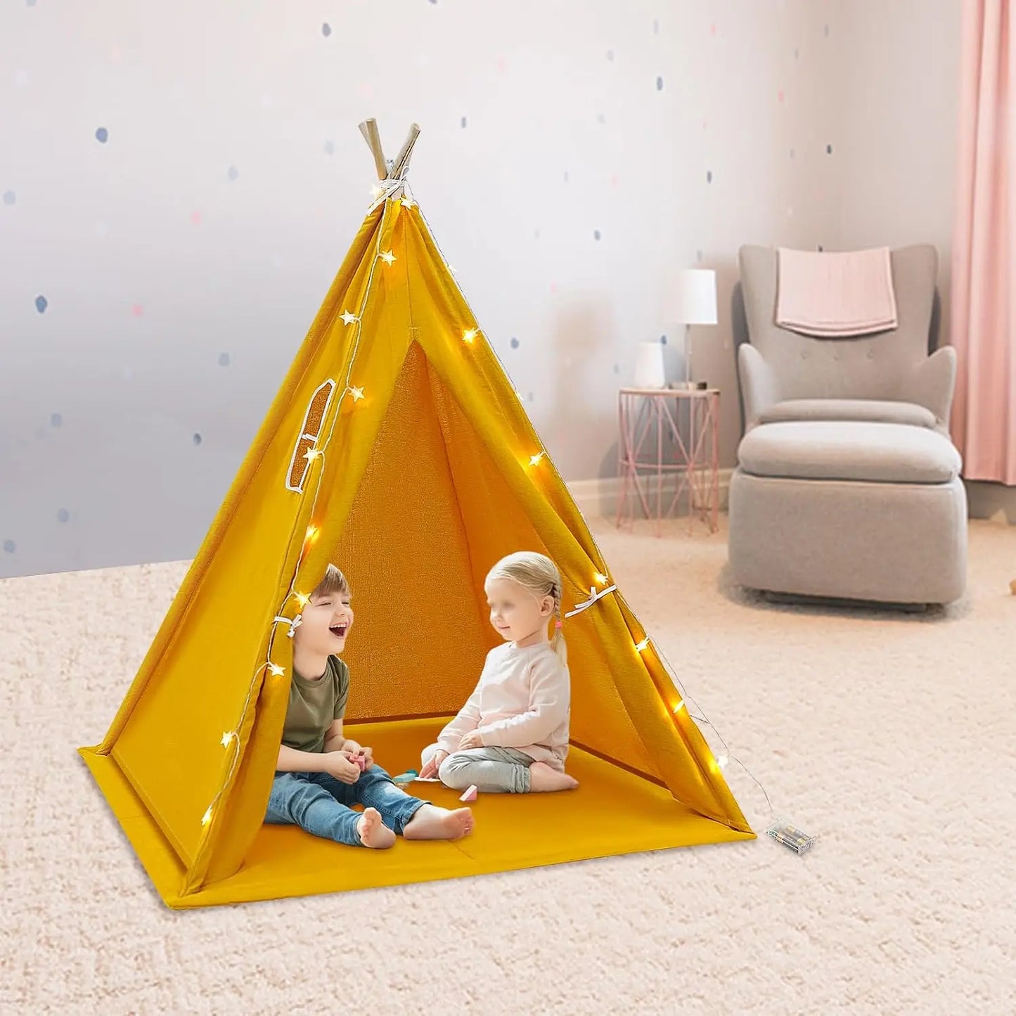 Foldable Cotton Kids Teepee Tent With Floor Mat And Lights