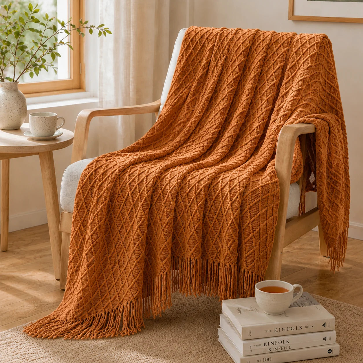 Textured Bobble Diamond Knit Throw Blanket Featuring Tassel Fringe