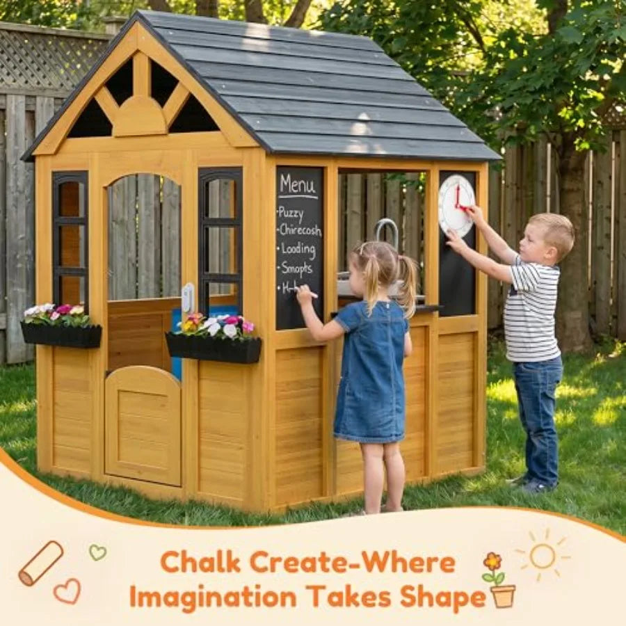 MDNG Outdoor Wooden Toddler Playhouse With Kitchen And Snack Bar