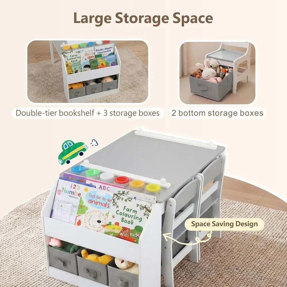 Kids Art Activity Table Set With Two Chairs Bookshelves Storage
