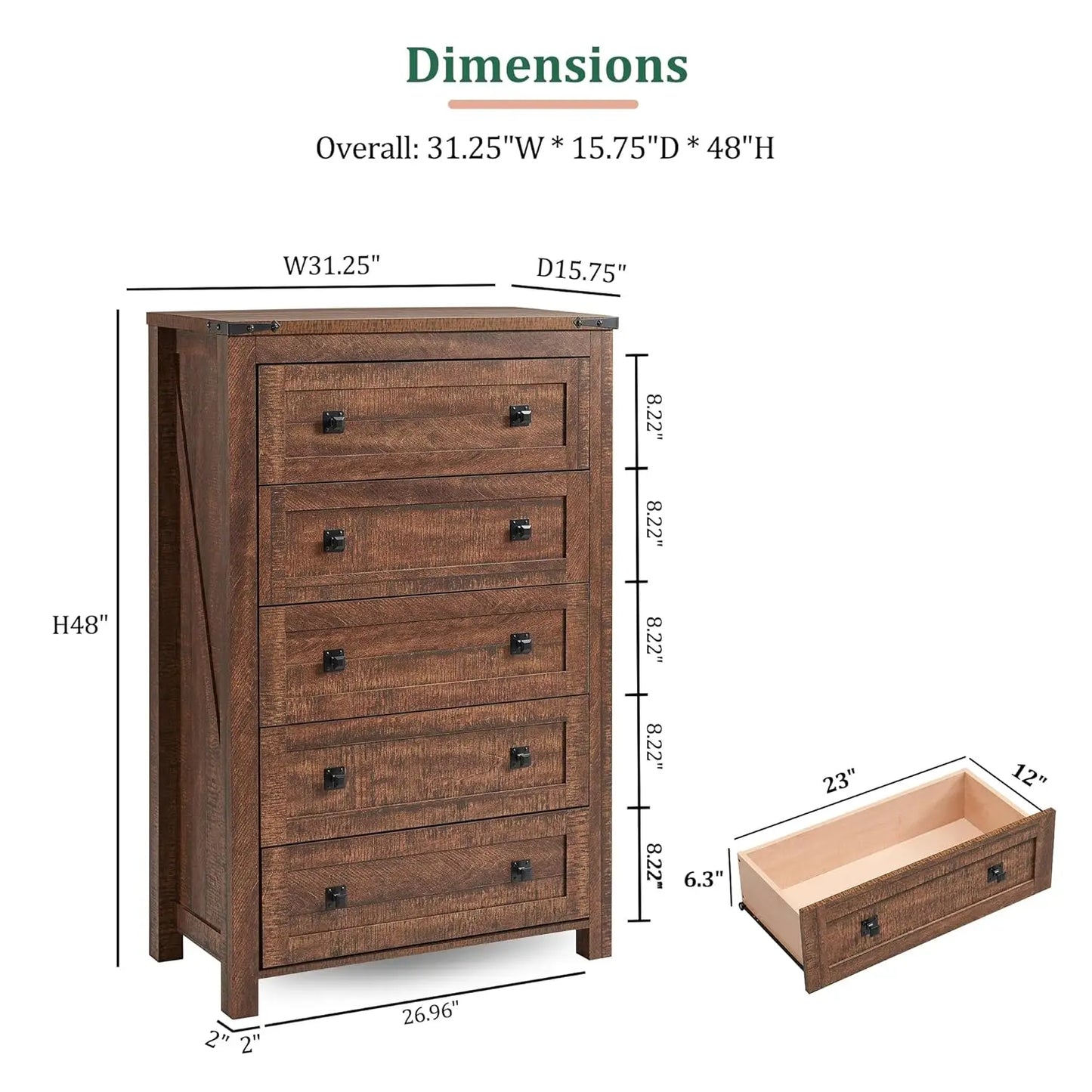 Farmhouse 5 Drawer Dresser In Rustic Wood For Bedroom