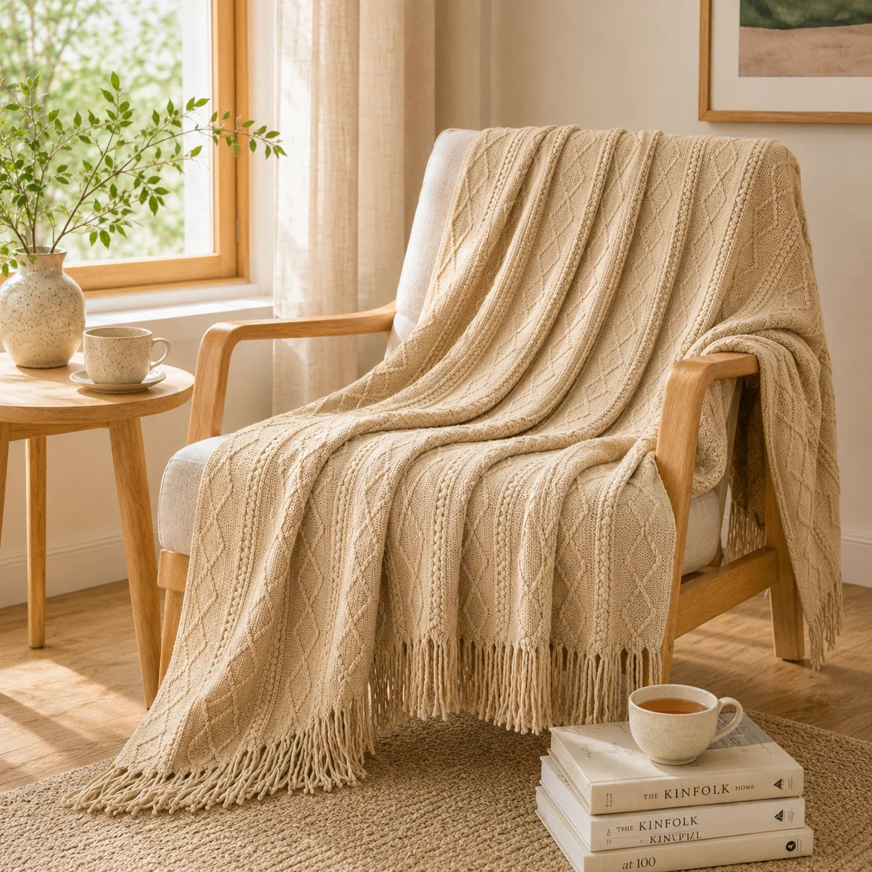 Textured Bobble Diamond Knit Throw Blanket Featuring Tassel Fringe