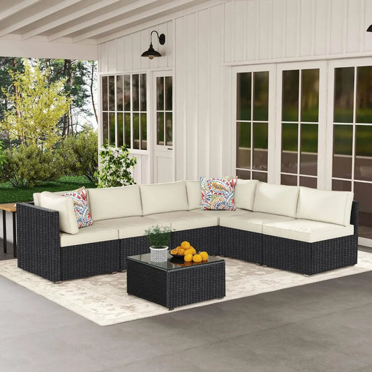 7-Piece Outdoor Rattan Patio Set With Waterproof Cushions