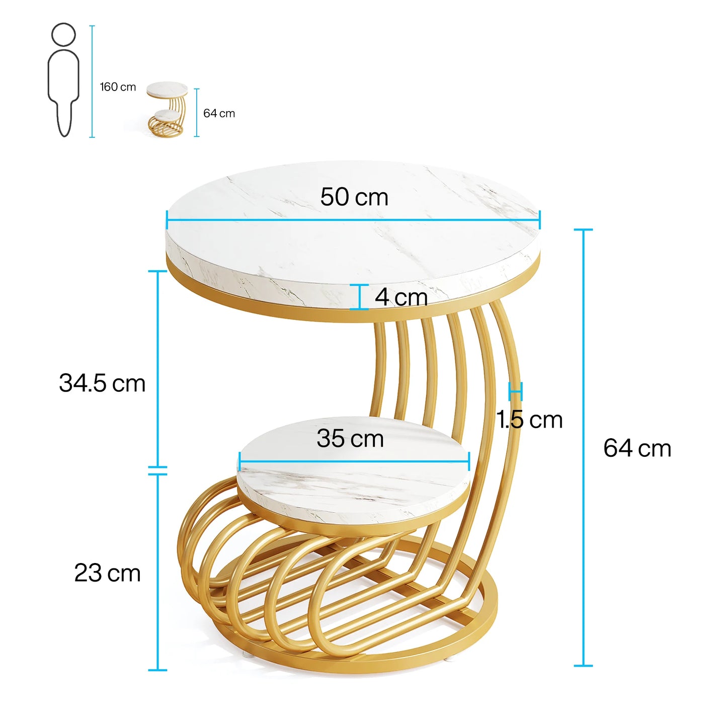 Tribesigns Round End Table With Two Tier Faux Marble Storage
