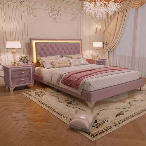 Upholstered Platform Bed With LED Lights And Nightstands