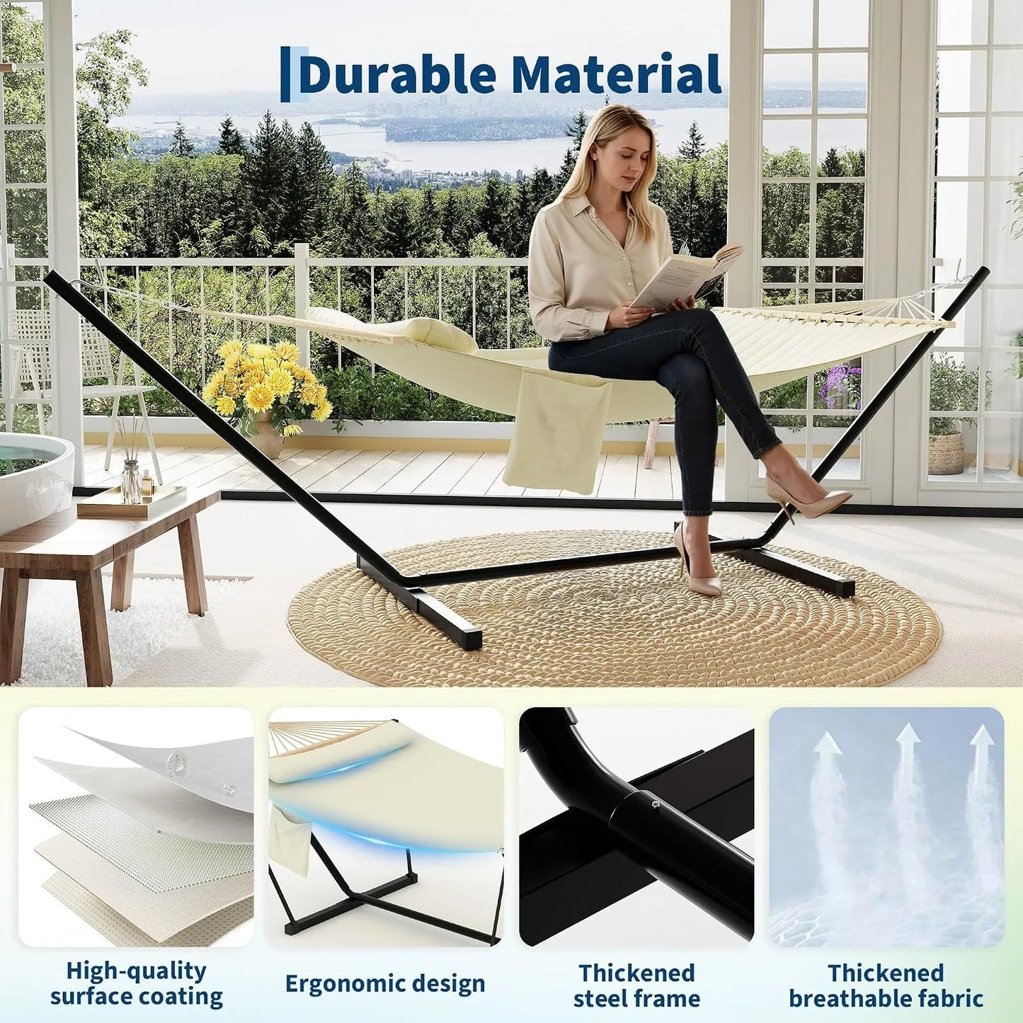 Durable 2 Person Polyester Hammock With Stand And Pillow