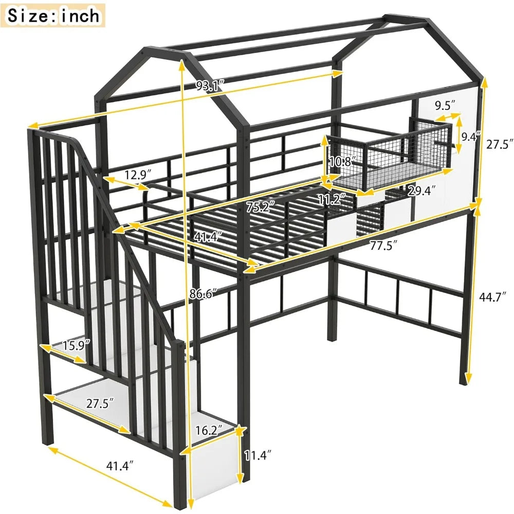 DAFIFY Twin Loft Bed With Stairs And Roof Metal Frame