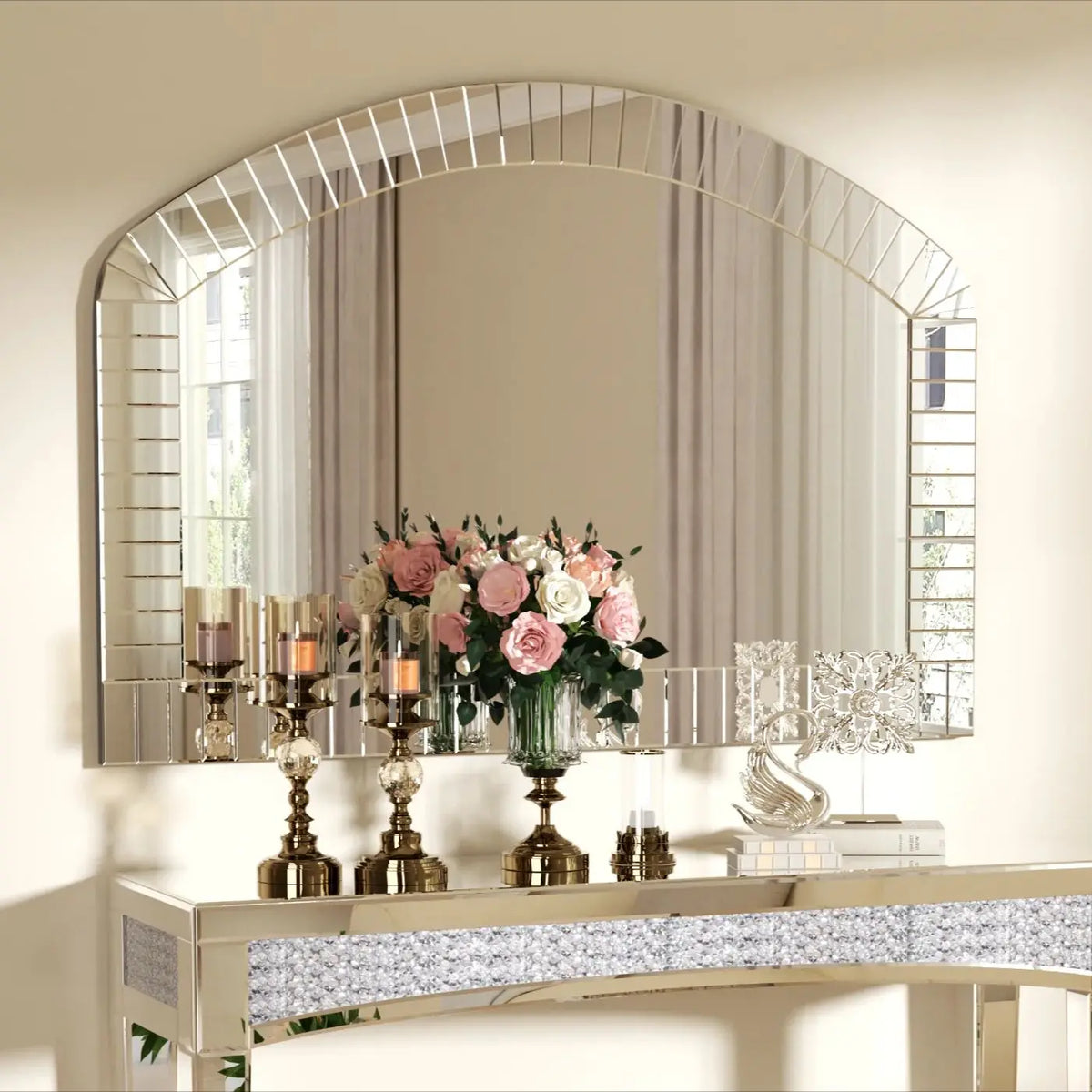 Arched Venetian Wall Mirror With Beveled Glass Accent
