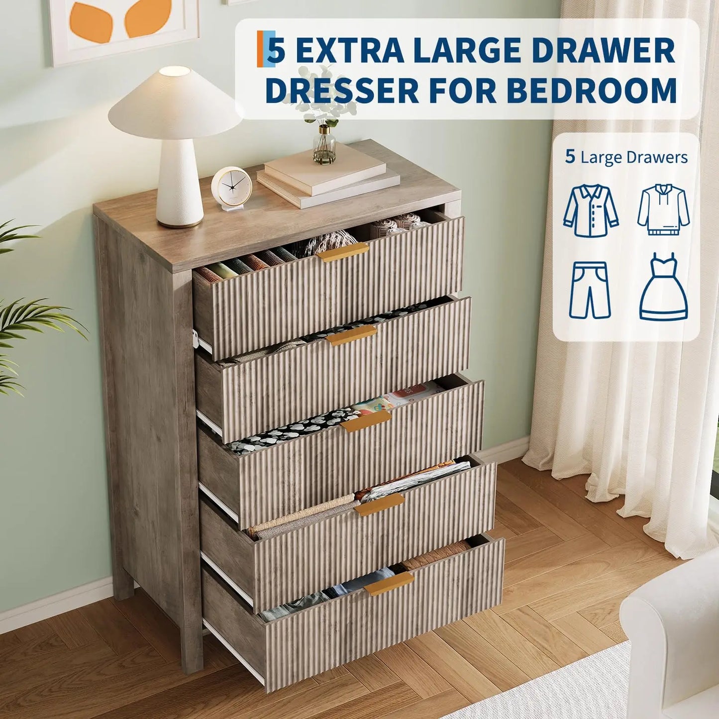 HiMISS 5 Drawer Dresser Modern Wood Storage Cabinet