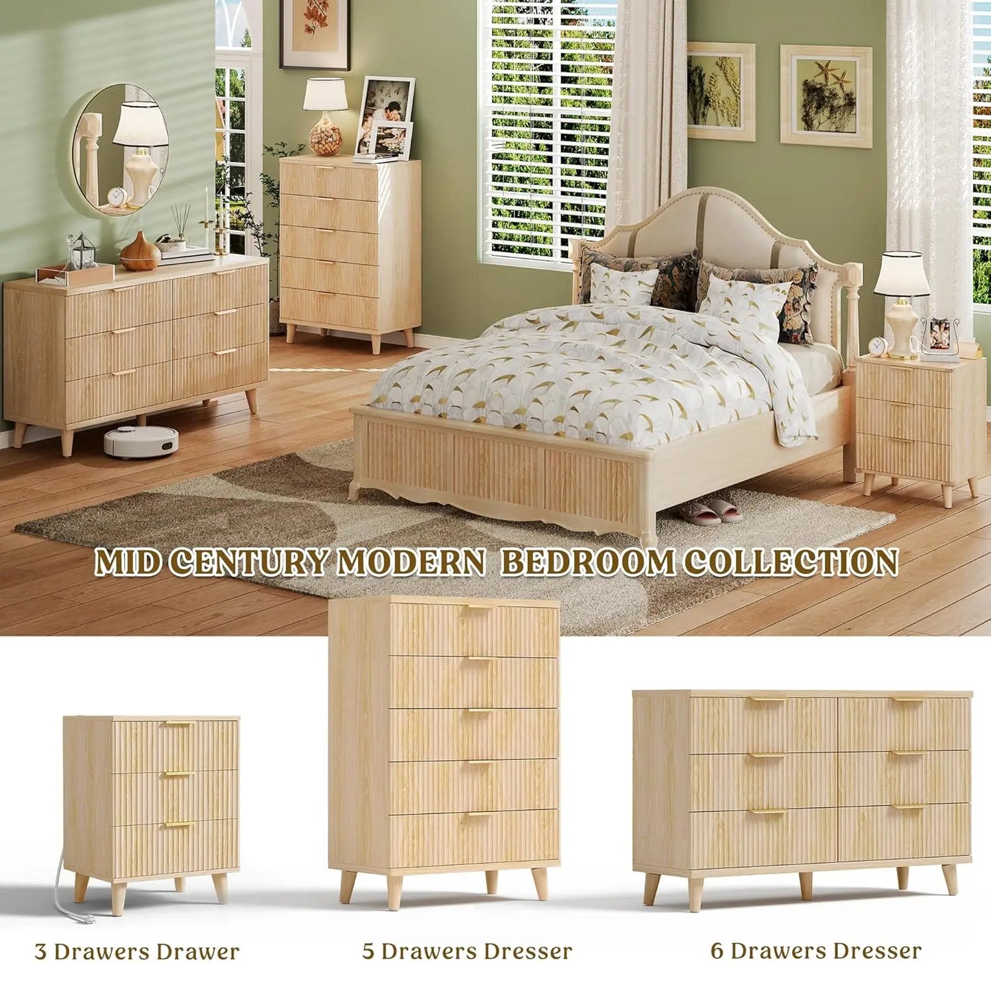 Wood Dresser for Bedroom Fluted Modern Chest of Drawers 6 Drawers