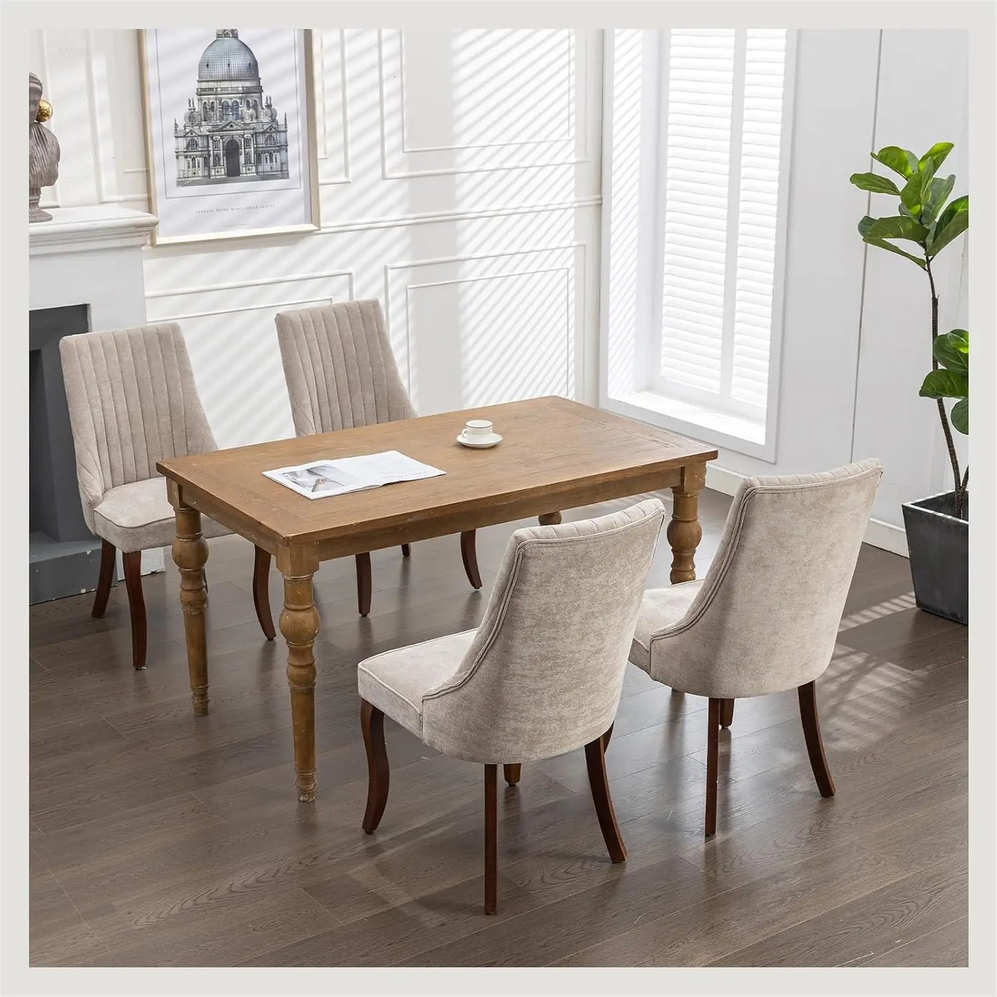 Linen Channel Tufted Dining Chairs With Curved Solid Wood Legs