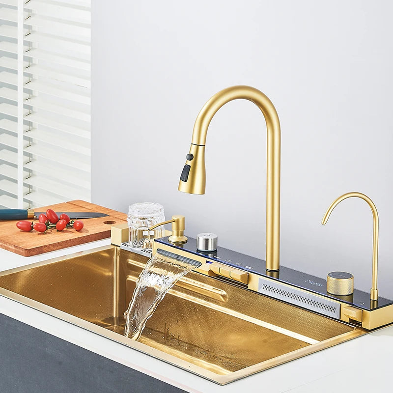 Brushed Golden Smart Digital Display Kitchen Sink Set With Waterfall Faucet