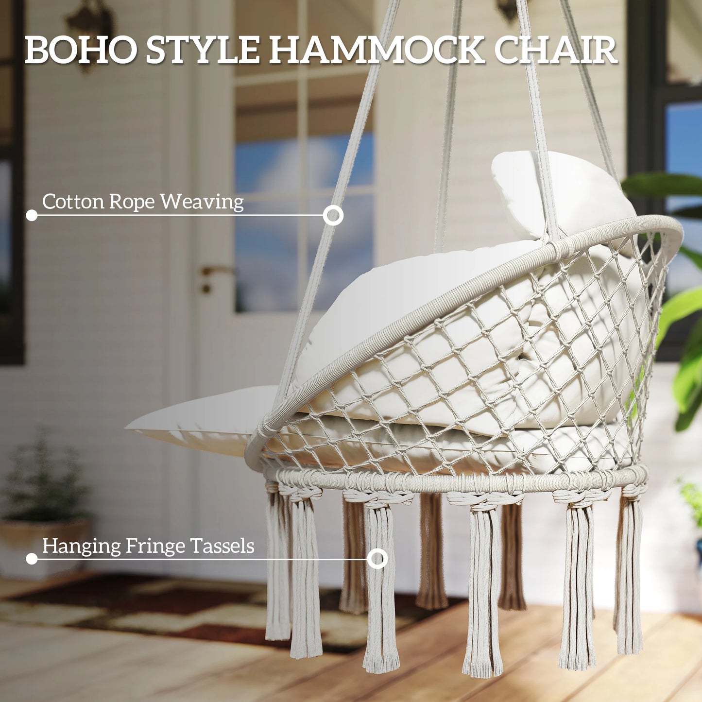 Outsunny Macrame Hanging Hammock Chair With Plush Cushion