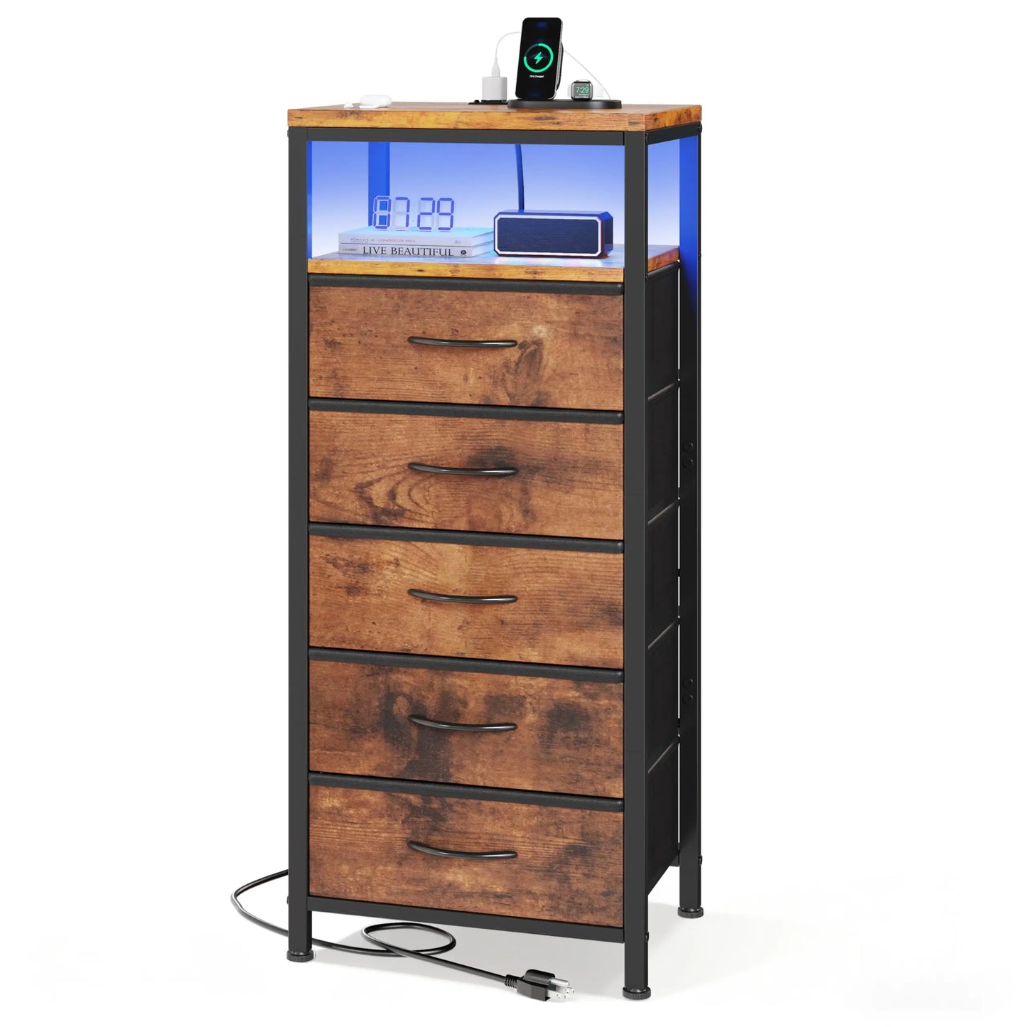 JHK Modern 5 Fabric Drawer Dresser With Charging Station
