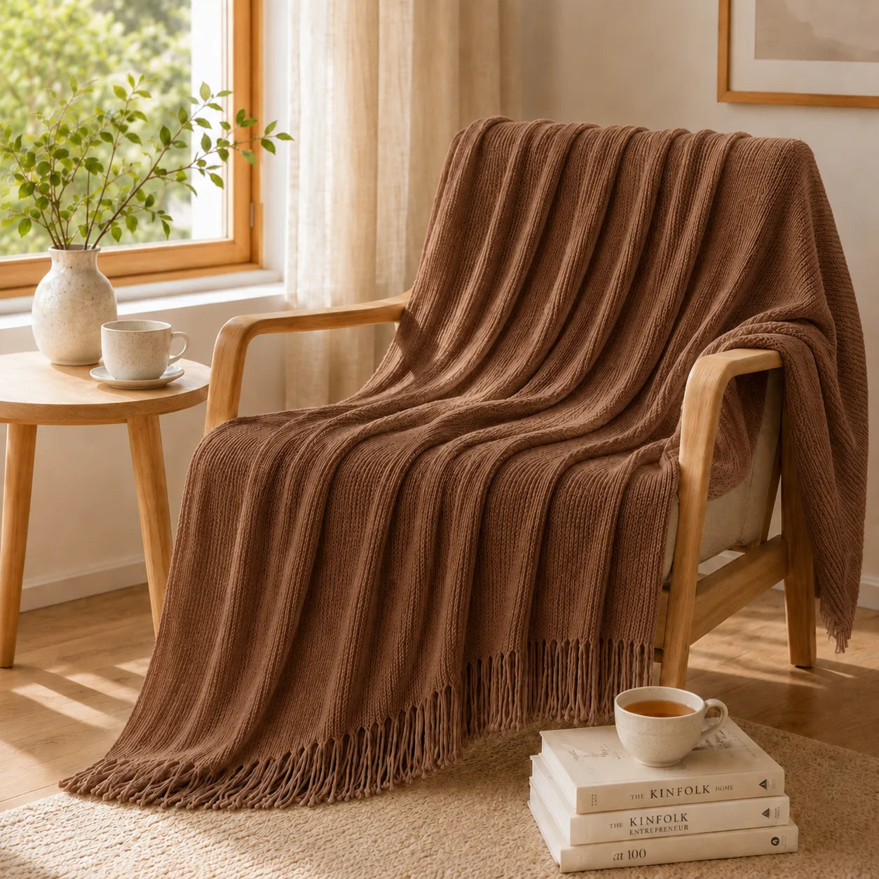 Textured Bobble Diamond Knit Throw Blanket Featuring Tassel Fringe