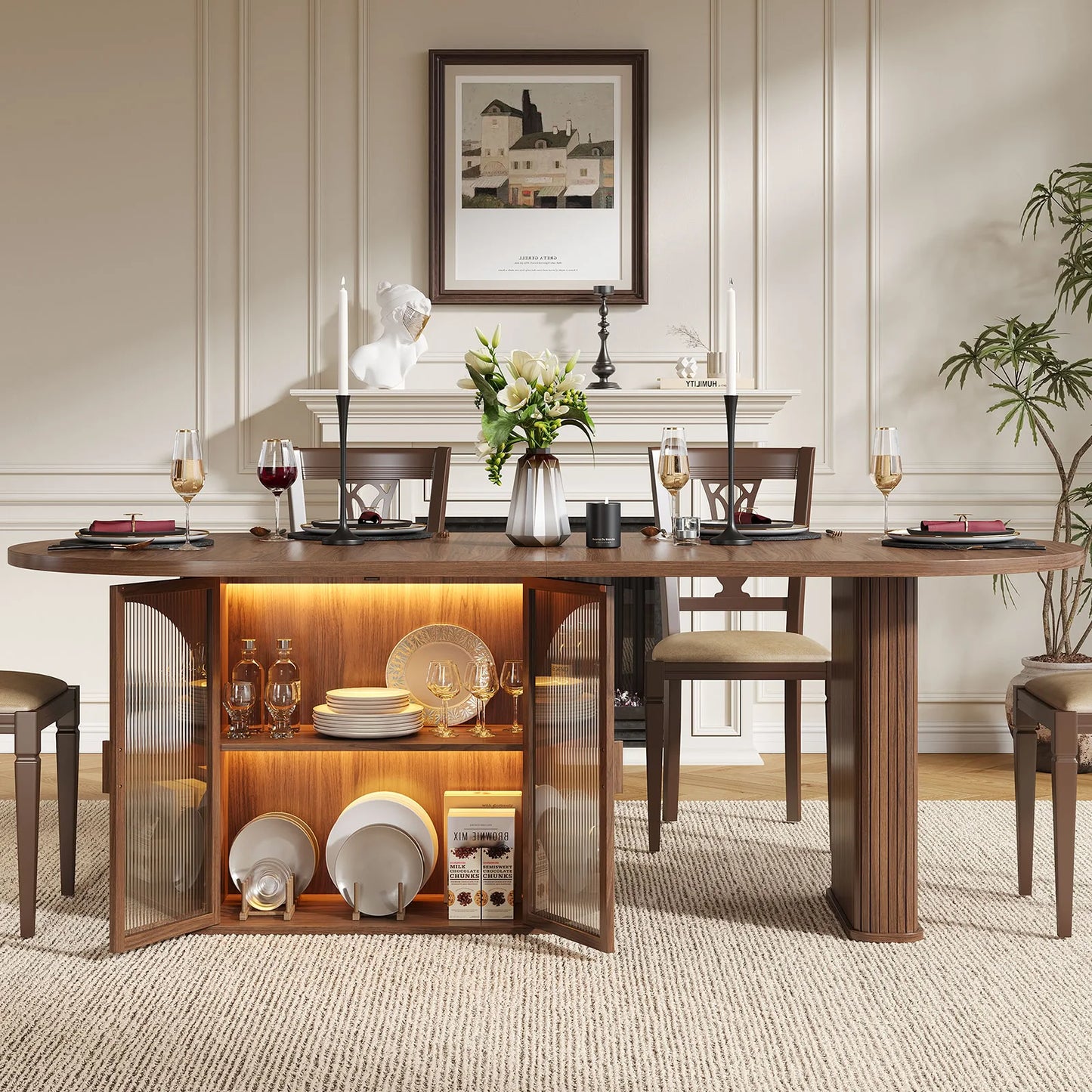 Onbrill Modern Oval Wood Dining Table With Led Lighting