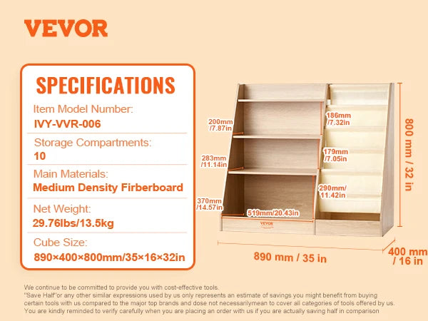 VEVOR Wooden Bookshelf With Multiple Layers For Kids Room