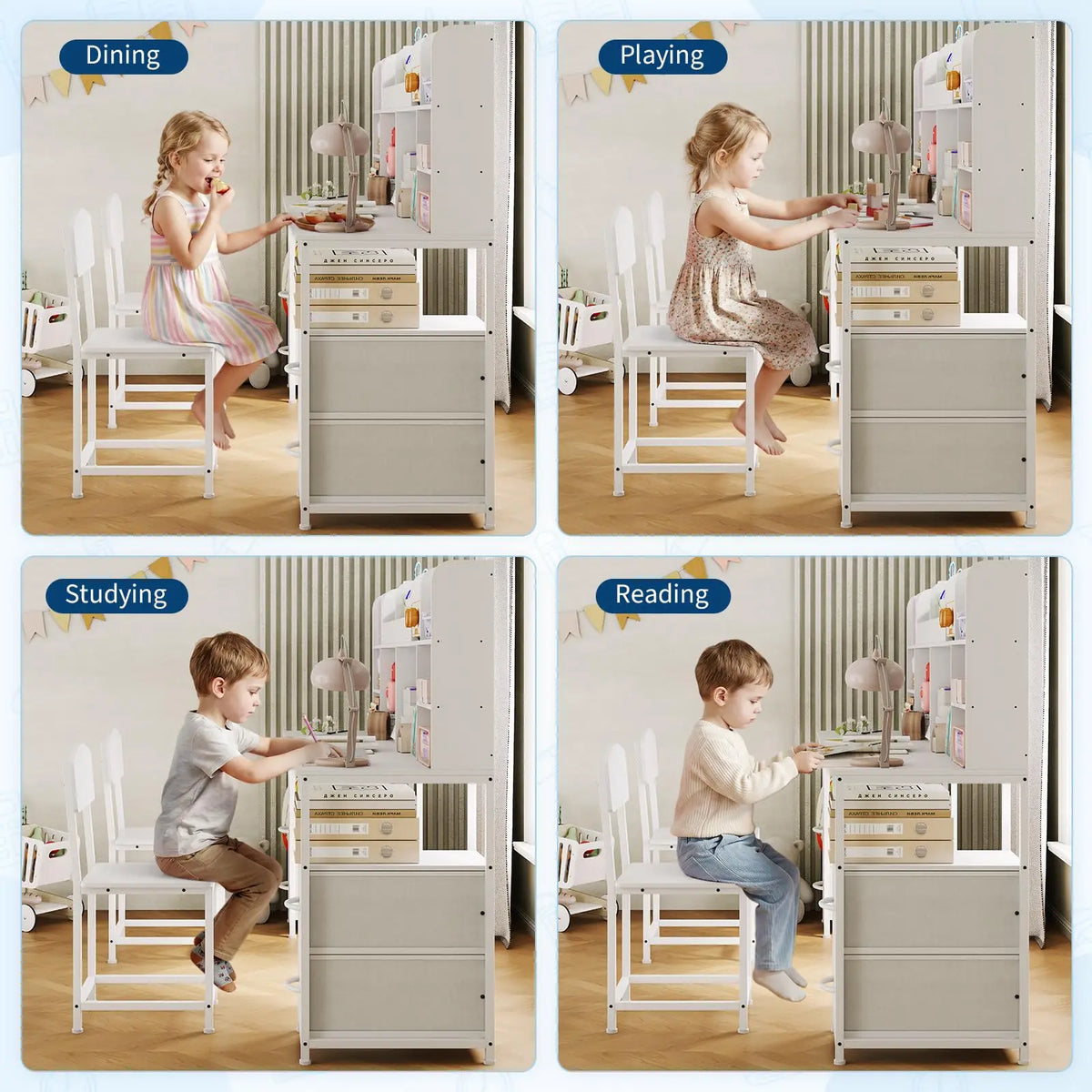 HiMISS Double Kids Desk And Chair Set With Hutch Storage