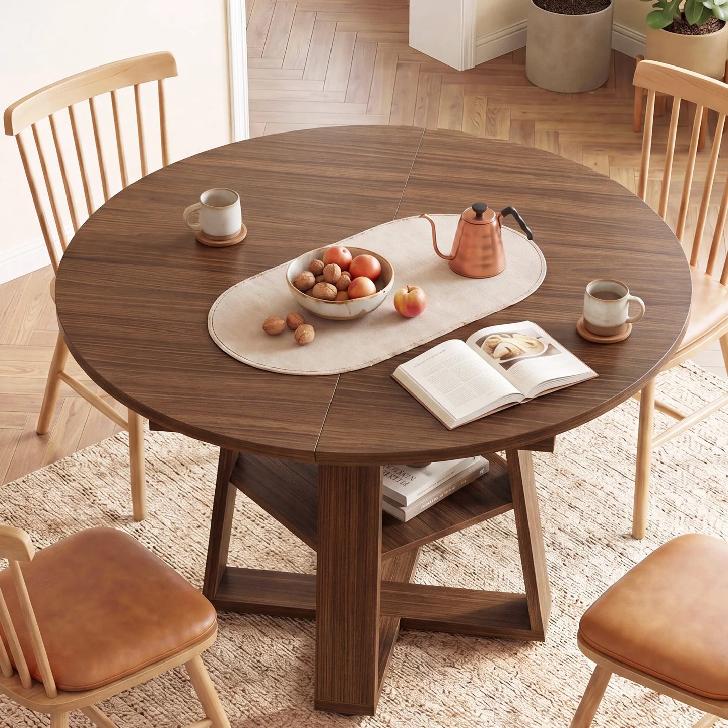 JHK Extendable Wood Dining Table With Storage Shelf Pedestal Base