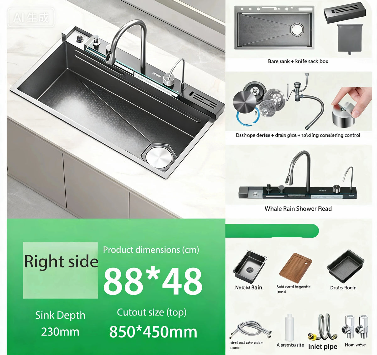 Nianronghua Stainless Steel Kitchen Sink With Digital Display Waterfall Faucet