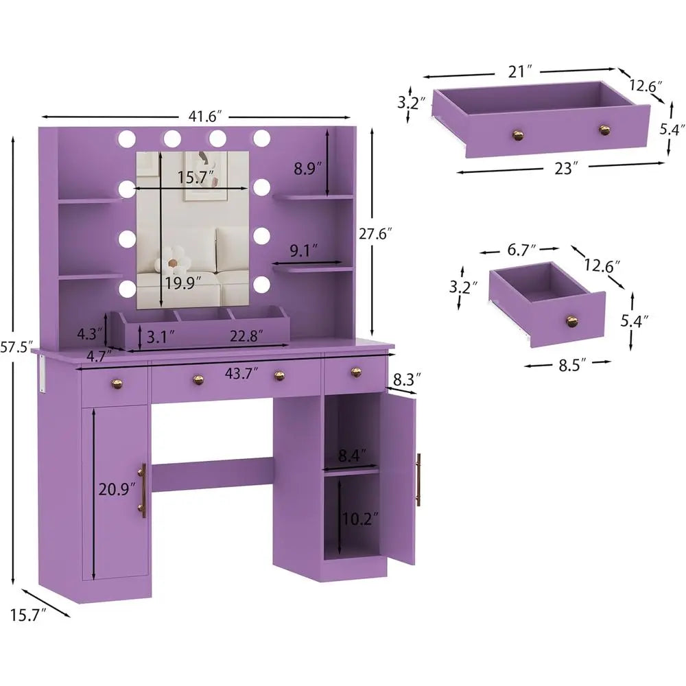 Makeup Vanity Desk With Mirror LED Lighting And Power Outlet