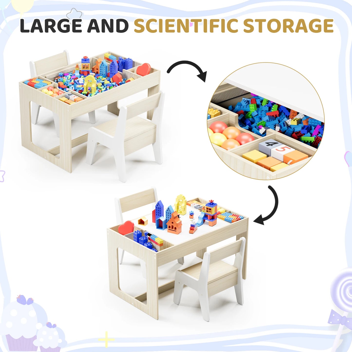 AuAg Wooden Toddler Table And Chairs Set With Storage