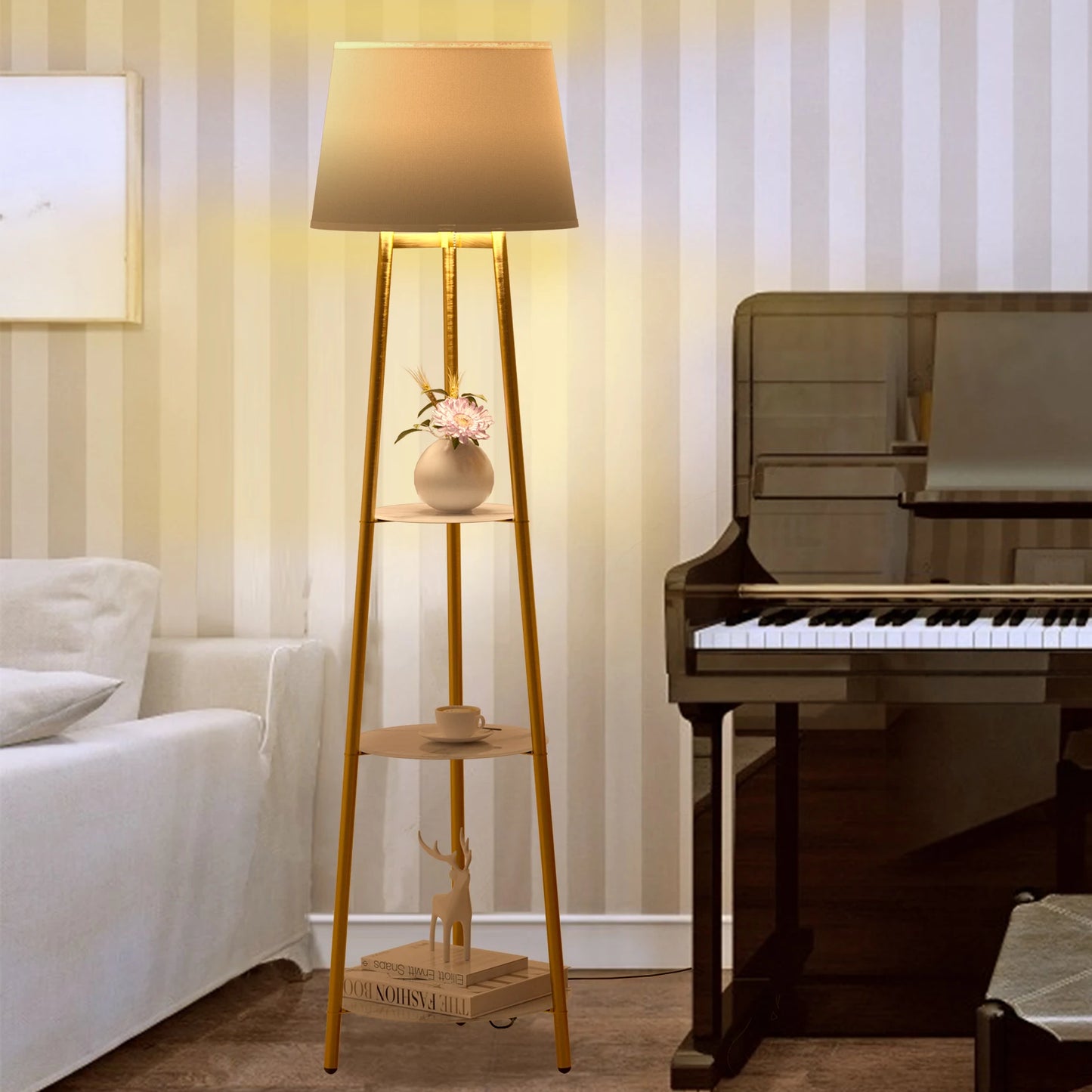 Vrygle Modern Tripod Floor Lamp With Adjustable Dimmable LED Shelves