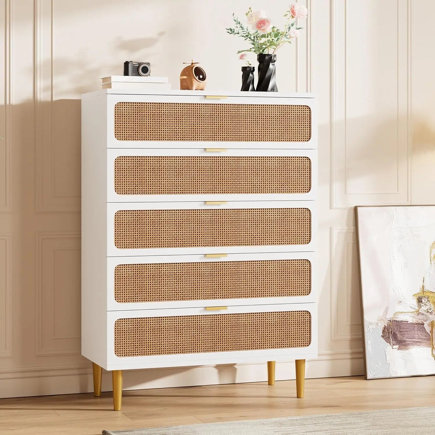 Natural Rattan Woven Five Drawer Wooden Bedroom Dresser