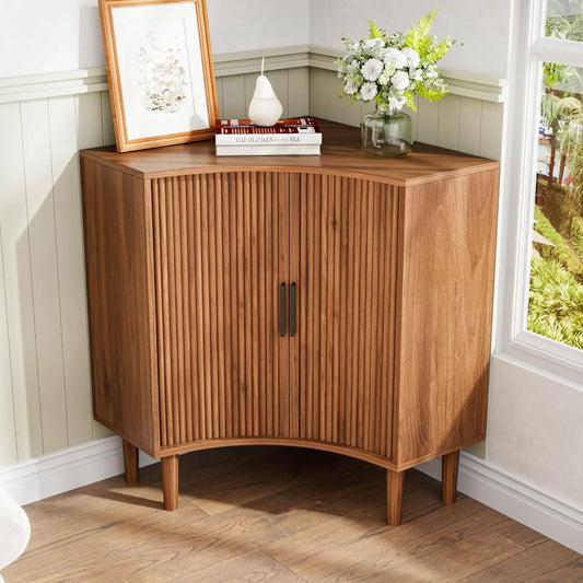 Fluted Corner Cabinet Freestanding With Sliding Adjustable Shelves