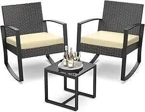 Outdoor Rattan Rocking Bistro Furniture Set With Coffee Table