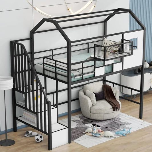 DAFIFY Twin Loft Bed With Stairs And Roof Metal Frame