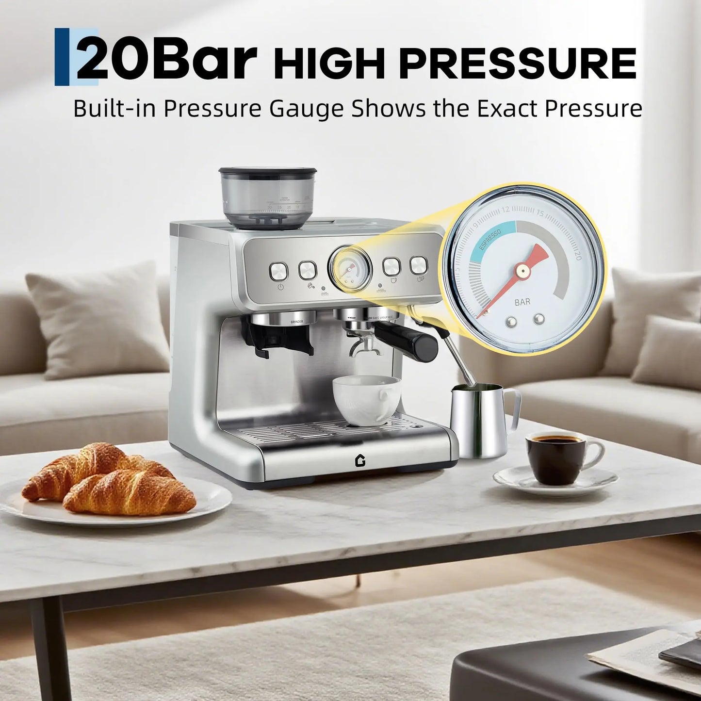 HiMISS Stainless Steel Espresso Machine With Built In Grinder
