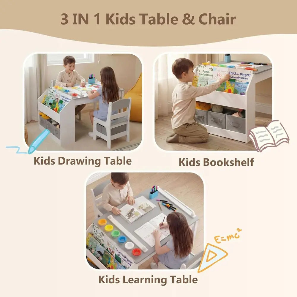 Kids Art Activity Table Set With Two Chairs Bookshelves Storage