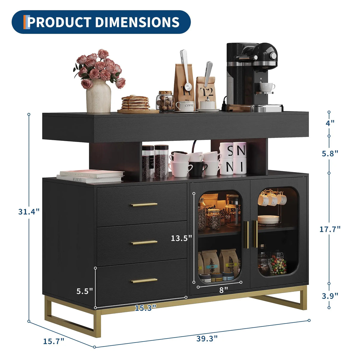 HiMiss Modern Sideboard With LED Lights And Charging Station