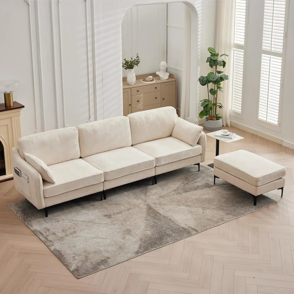 L Shaped Chenille Sectional Sofa With Movable Ottoman For Living Room