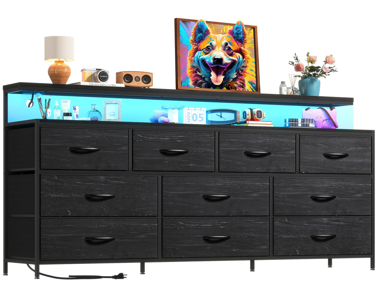 Smart Dresser with LED Lighting and Power Outlets, Metal Frame
