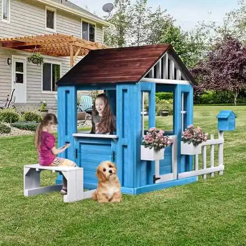Wooden Kids Outdoor Playhouse With Picnic Bench And Flowerpots