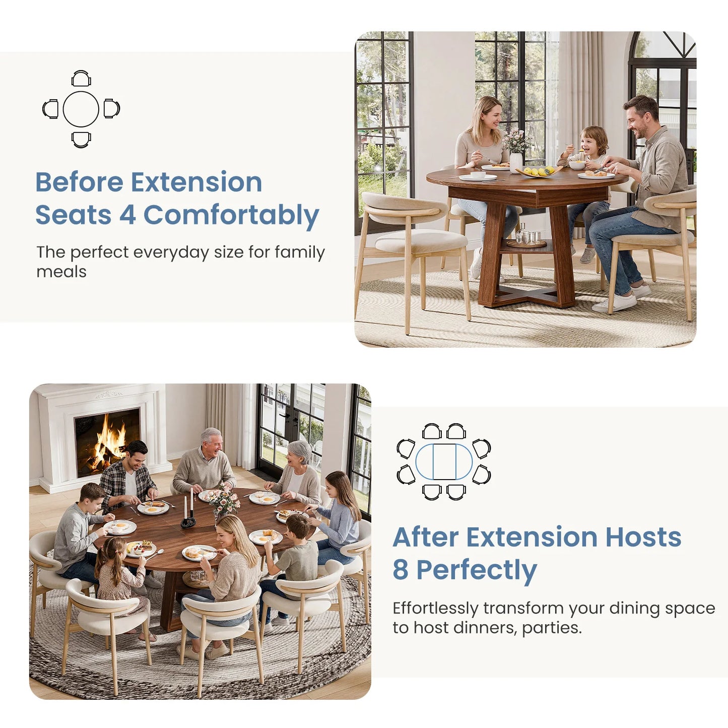 JHK Extendable Wood Dining Table With Storage Shelf Pedestal Base