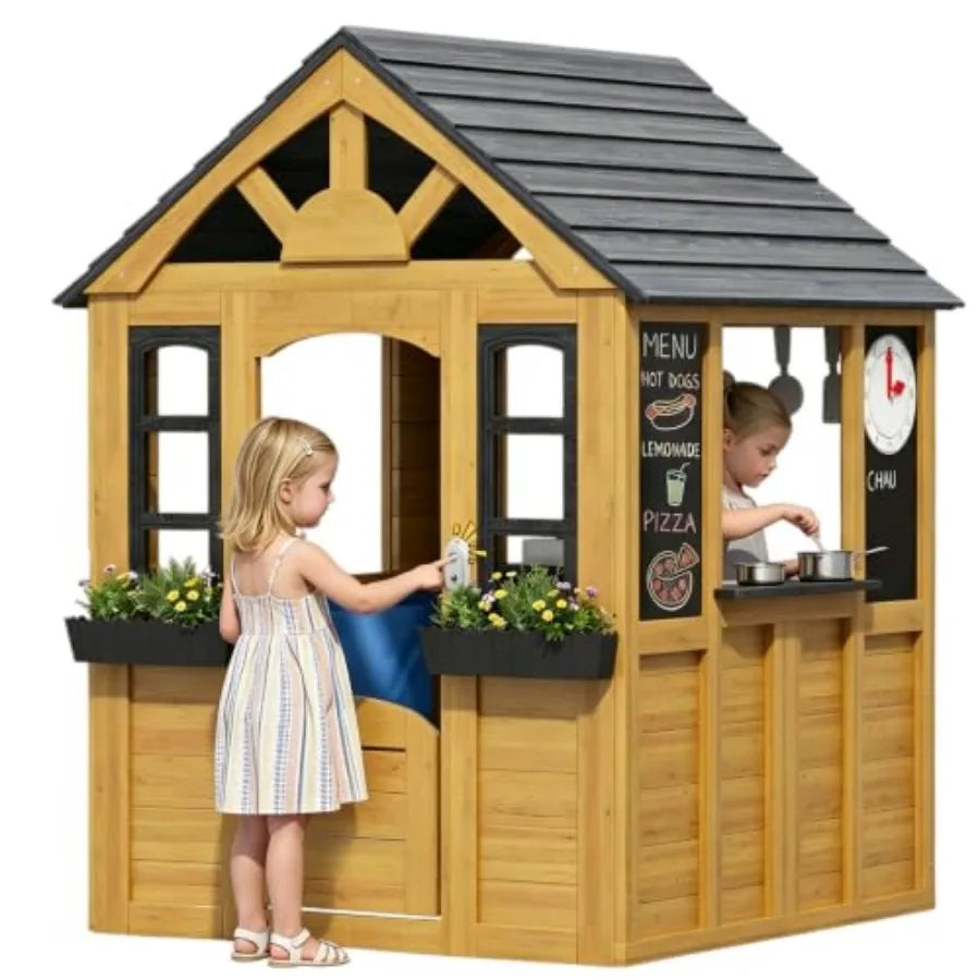 MDNG Outdoor Wooden Toddler Playhouse With Kitchen And Snack Bar