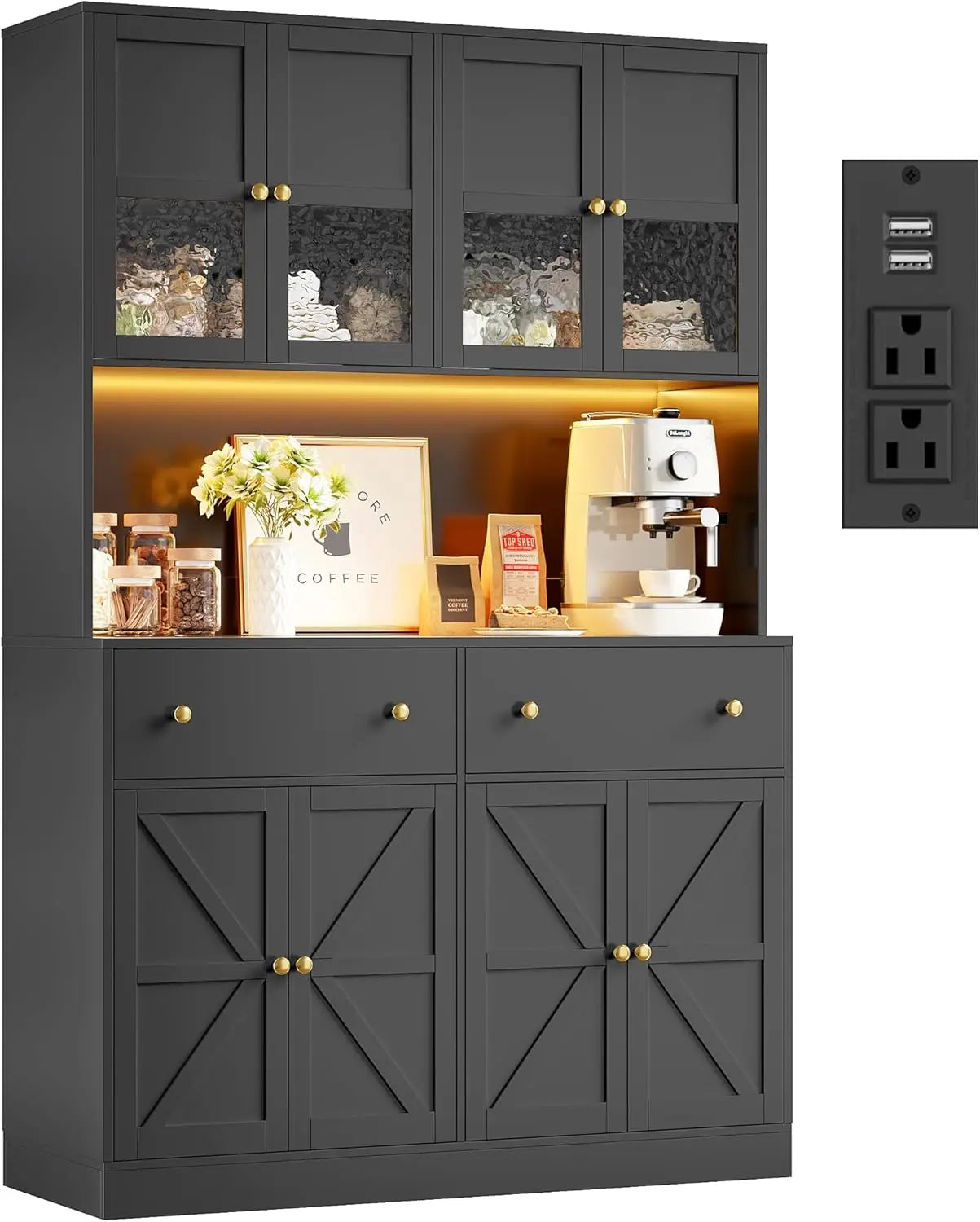 Farmhouse Kitchen Pantry With Led Light And Microwave Mount